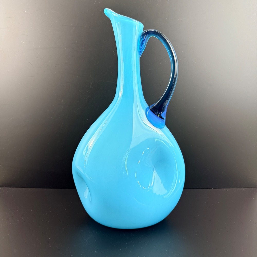 Stelvia Italy Cased Blue Pinched Pitcher Blue Handle Mid Century Modern 13"